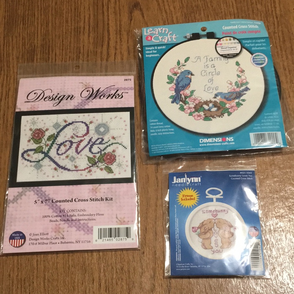 Lot of 3 “Love” counted cross stitch kits